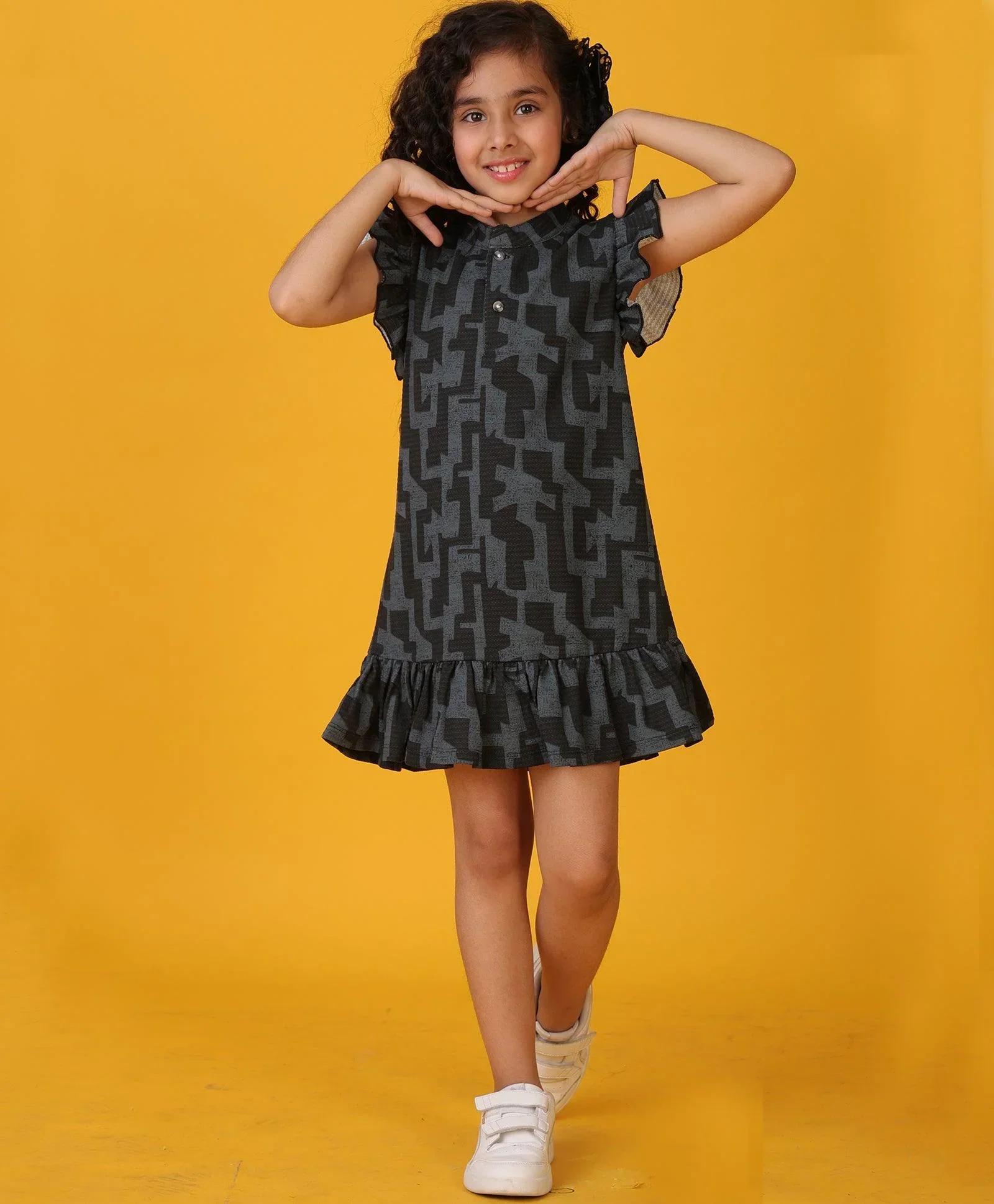 BLACK GREY FLORAL TEXTURE FRILL DRESS - BLACK - Image 3