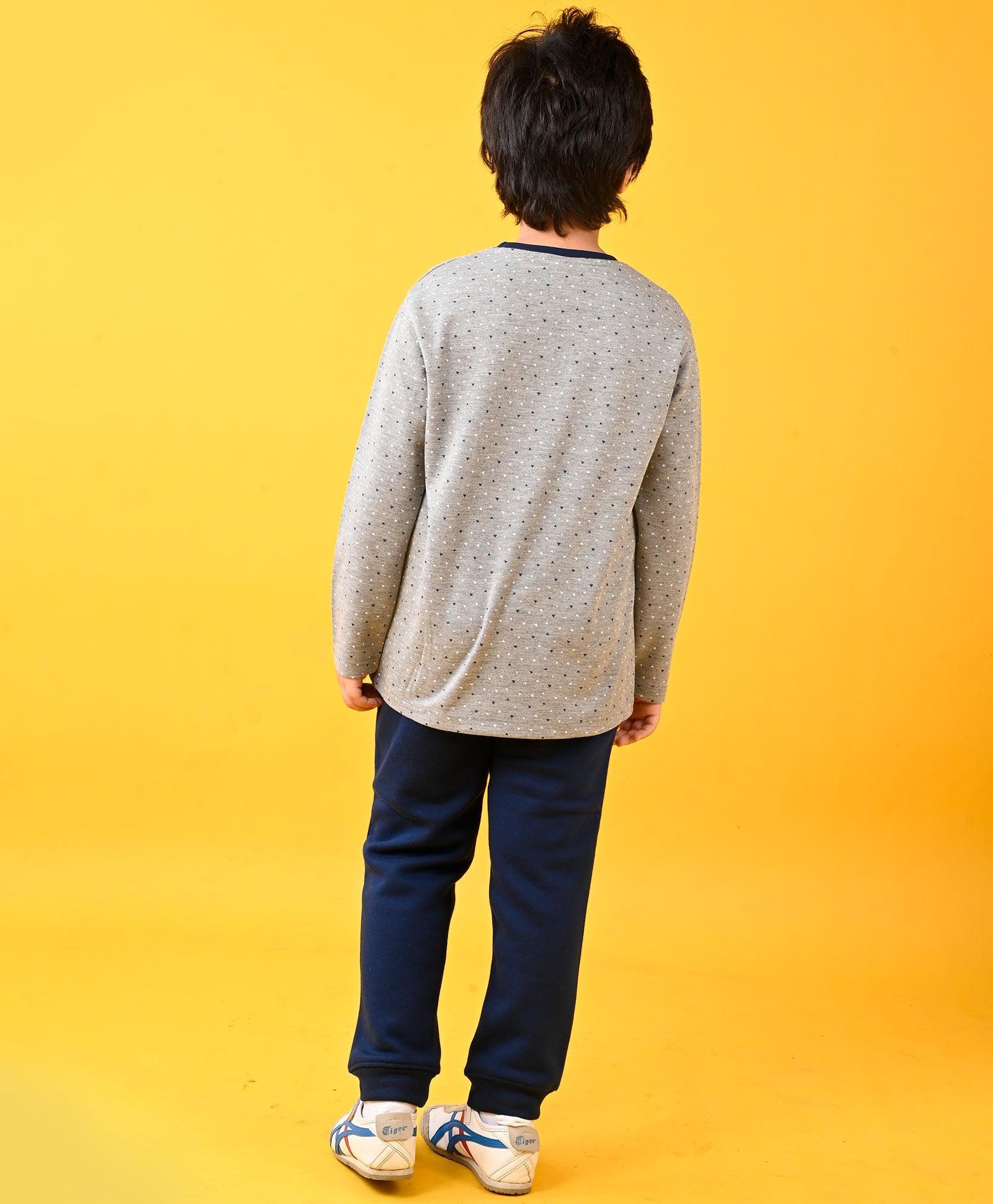 DOTTED GREY LONG SLEEVES T-SHIRT AND NAVY FLEECE JOGGER SET - GREY/NAVY - Image 3