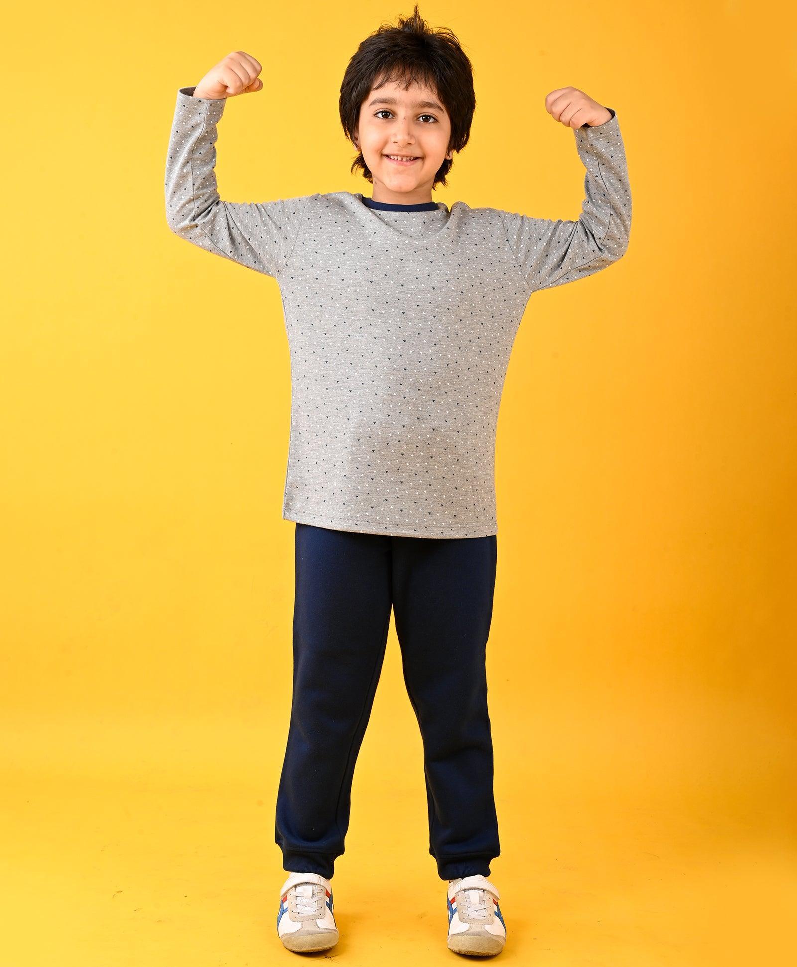 DOTTED GREY LONG SLEEVES T-SHIRT AND NAVY FLEECE JOGGER SET - GREY/NAVY - Image 5