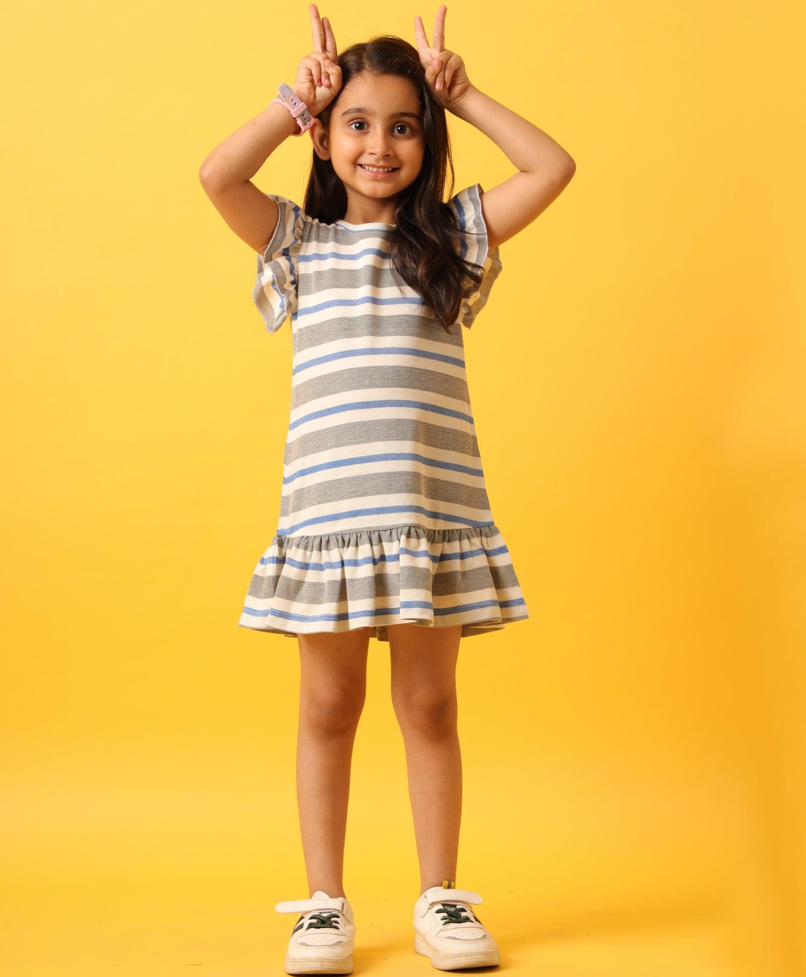 GREY WHITE STRIPED RUFFLE DRESS-GREY - Image 4