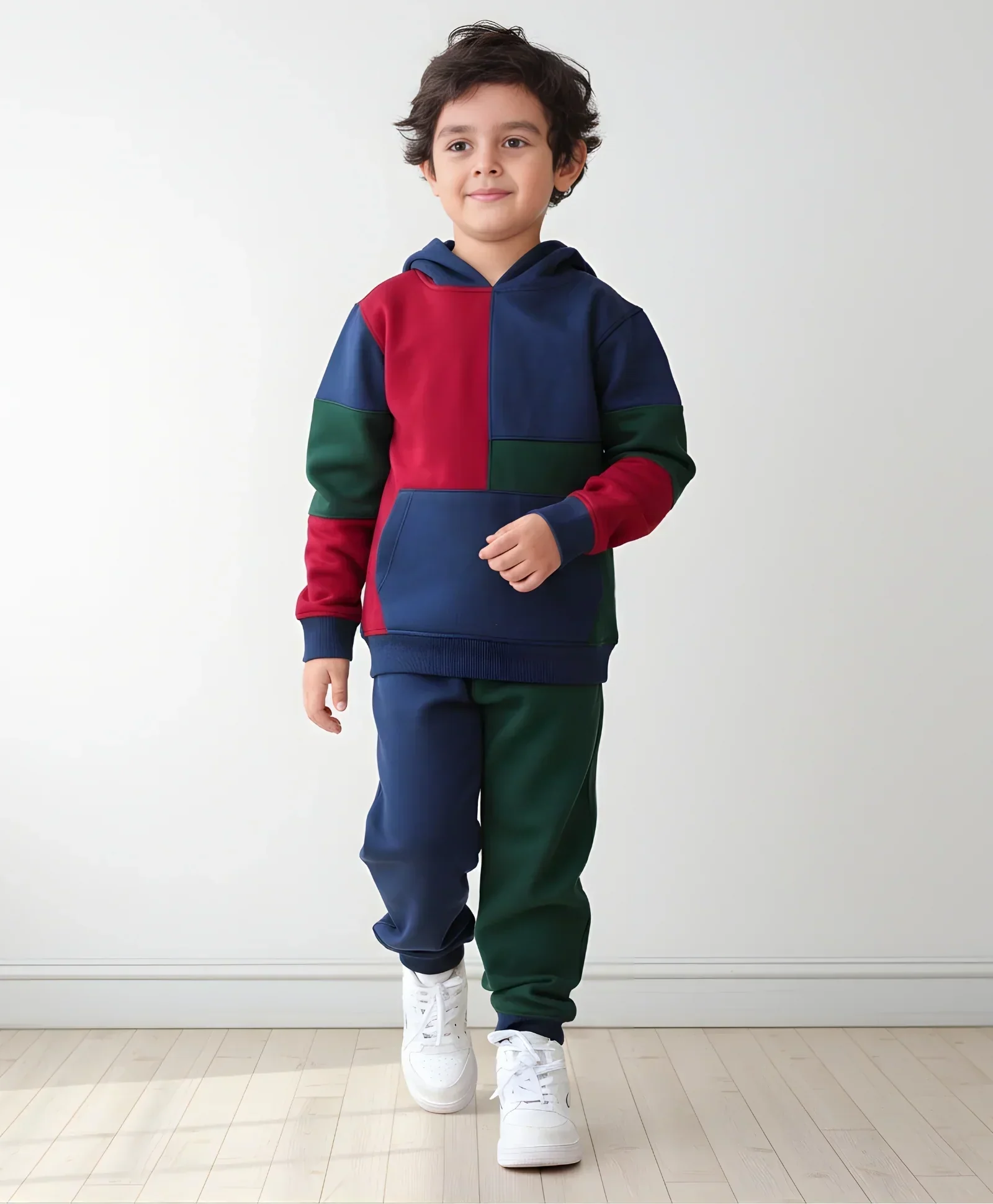 NAVY MEHROON GREEN COLOR BLOCK FLEECE HOODIE JOGGER SET - NAVY - Image 6