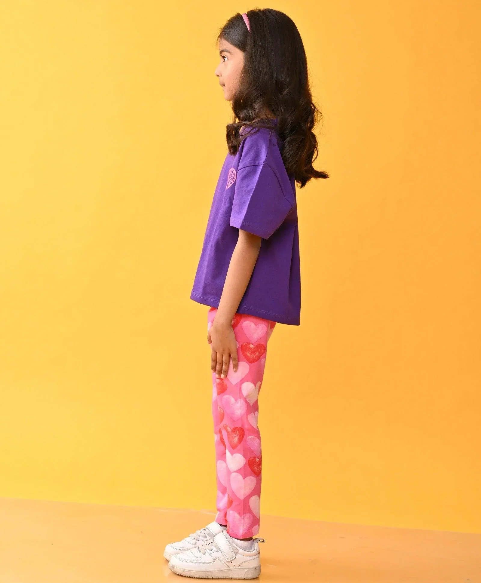 PURPLE SUMMER TSHIRT HEART PINK LEGGINGS SET - PURPLE /PINK - Image 3