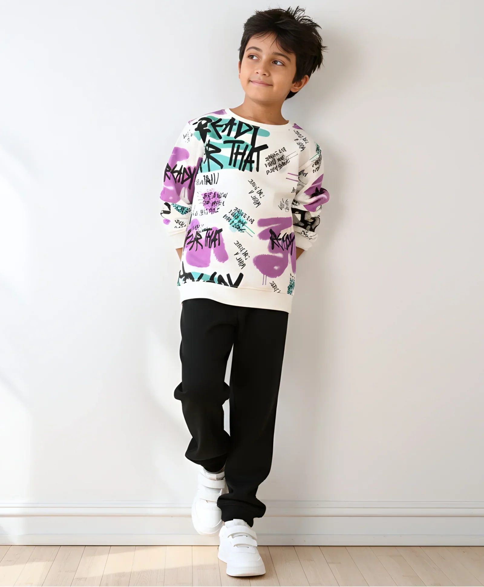 READY FOR THAT ROUND NECK BOYS FLEECE SWEATSHIRT WARM BLACK JOGGER SET - WHITE/BLACK - Image 5